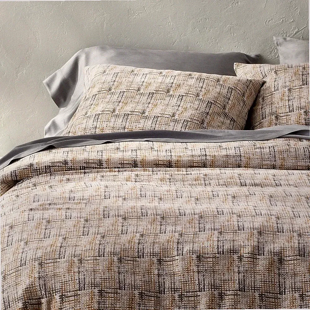 Full/Queen Heavyweight Linen Blend Duvet Cover and Sham Set Grid Print