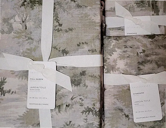 Pottery Barn JARDIN Toile 100% Cotton FULL/QUEEN Duvet + 2 STANDARD Shams GREEN